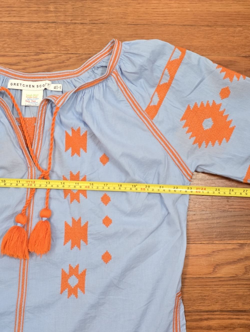 Gretchen Scott Montezuma Tunic Light Blue Orange Embroidered Cotton Boho Top XL - Picture 11 of 14